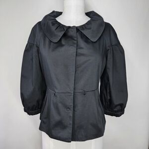 Elle Size L Blazer Jacket Black Puff Sleeves Cotton Zipper Pockets Ruffle Collar